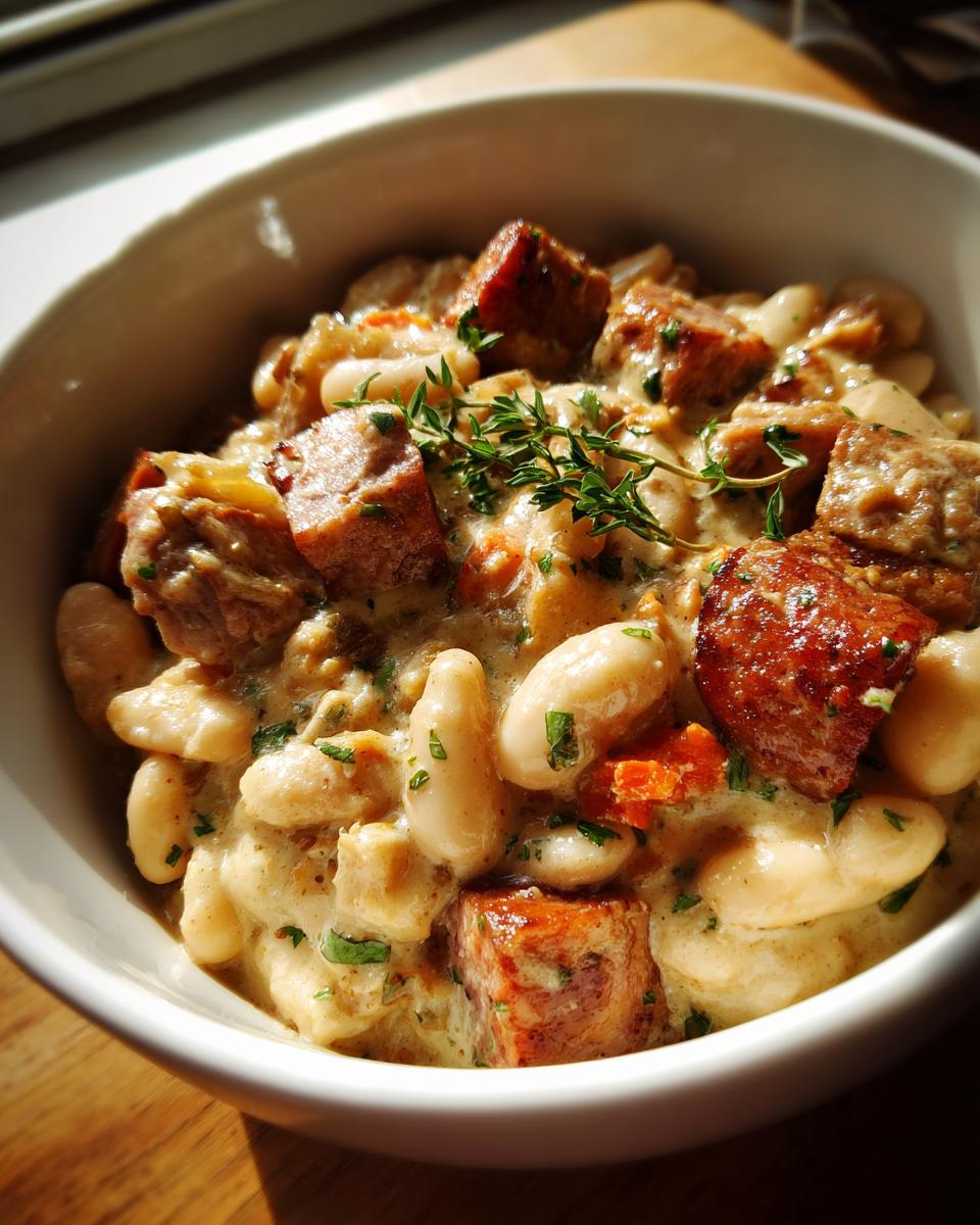 Nahaufnahme von cremigem Cassoulet mit weißen Bohnen, herzhaften Wurststücken und frischem Thymian.