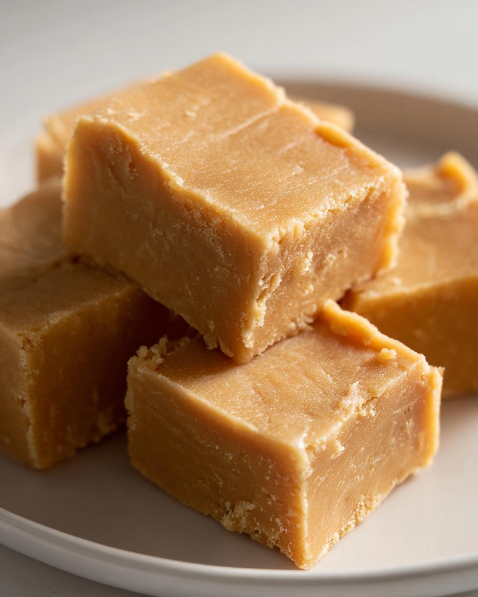 Nahaufnahme von gestapelten, cremigen Stücken Peanut Butter Fudge auf einem hellen Teller.