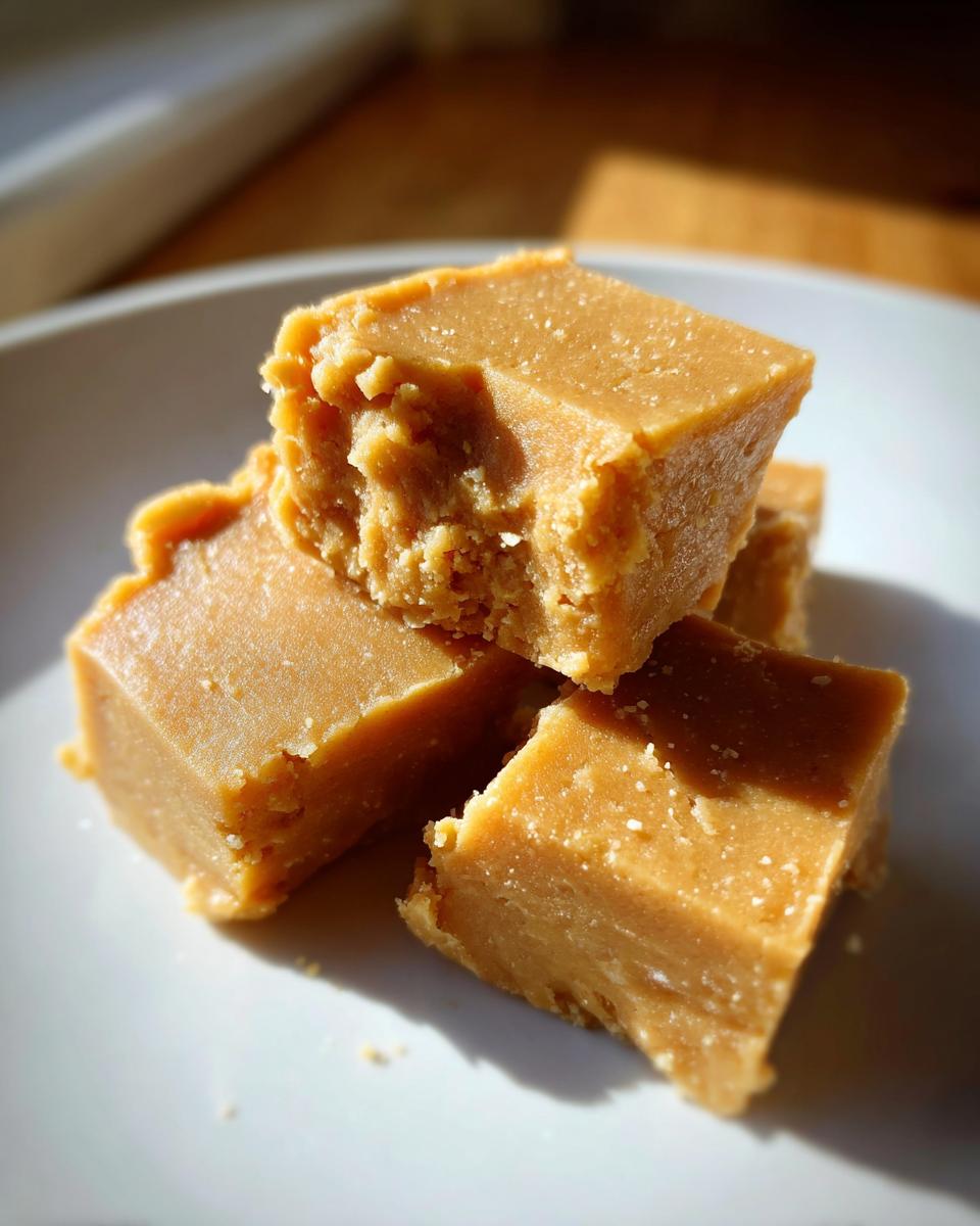 Ein Stapel cremiger Stücke Peanut Butter Fudge auf einem weißen Teller, eines mit einem Bissen.