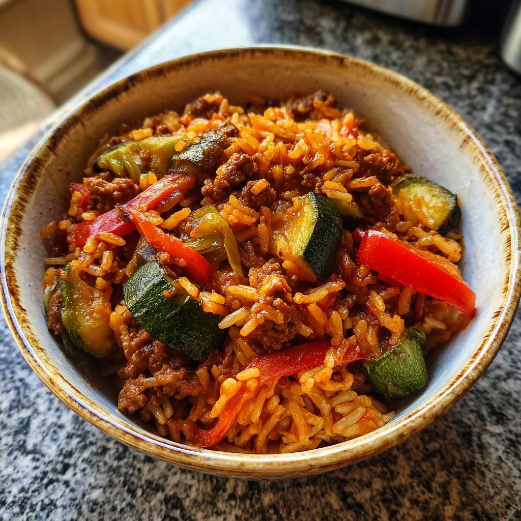 Eine Schüssel mit dampfendem Djuveč-Reis, verfeinert mit Hackfleisch, Zucchini und roten Paprika.