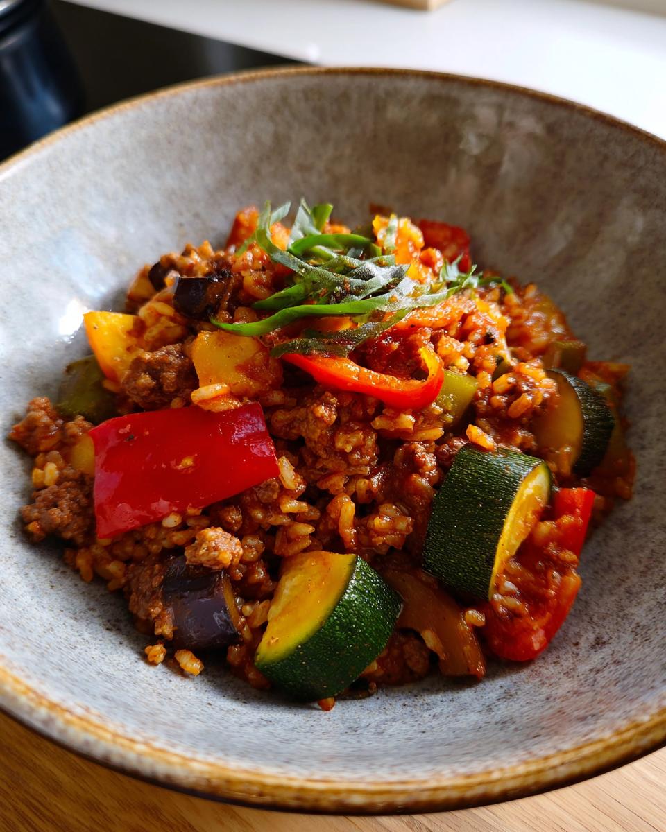 Eine Schüssel voll dampfendem Djuveč-Reis mit Gemüse und Rindfleisch, garniert mit Frühlingszwiebeln.
