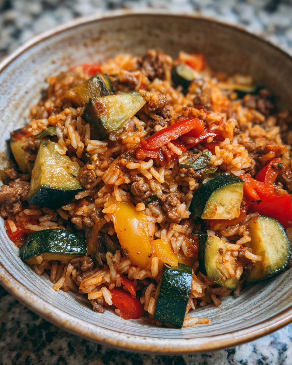 Nahaufnahme einer Schüssel mit Djuveč-Reis, gefüllt mit Rindfleisch, Zucchini, Paprika und Reis.