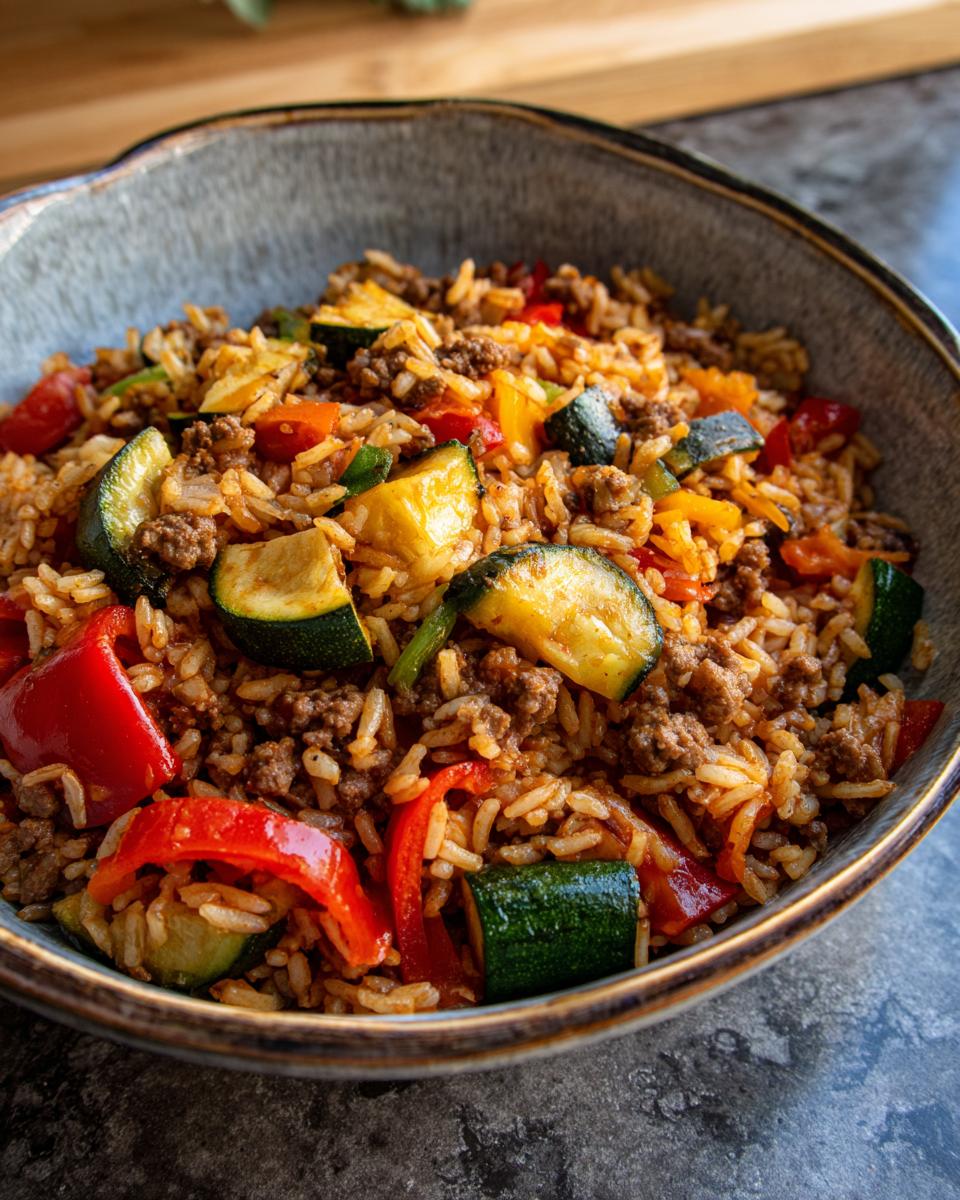 Schüssel mit Djuveč-Reis, gefüllt mit Hackfleisch, Reis, Zucchini, roten und gelben Paprika.