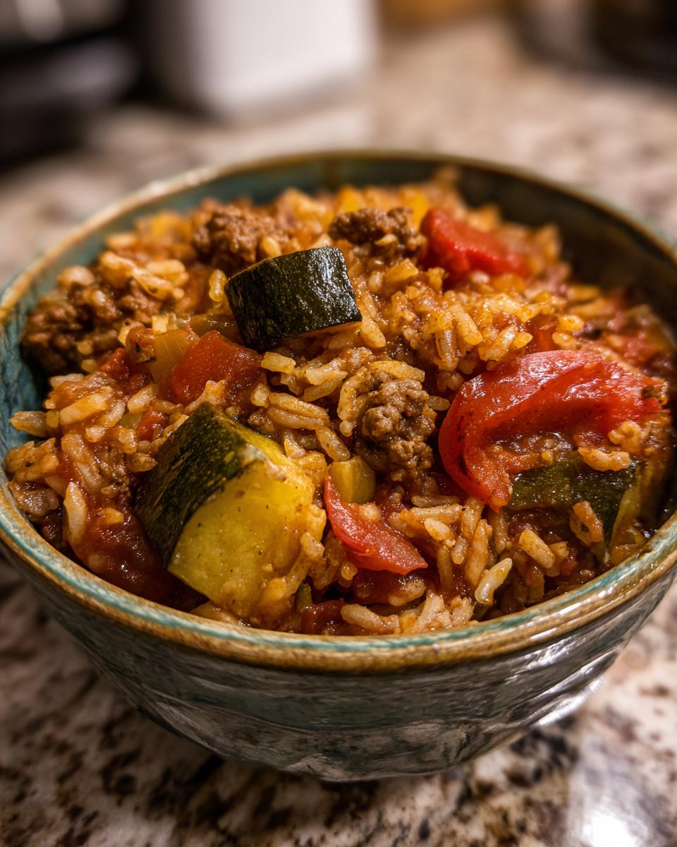 Eine Schüssel mit leckerem Djuveč-Reis, gefüllt mit Hackfleisch, Zucchini und Tomaten.