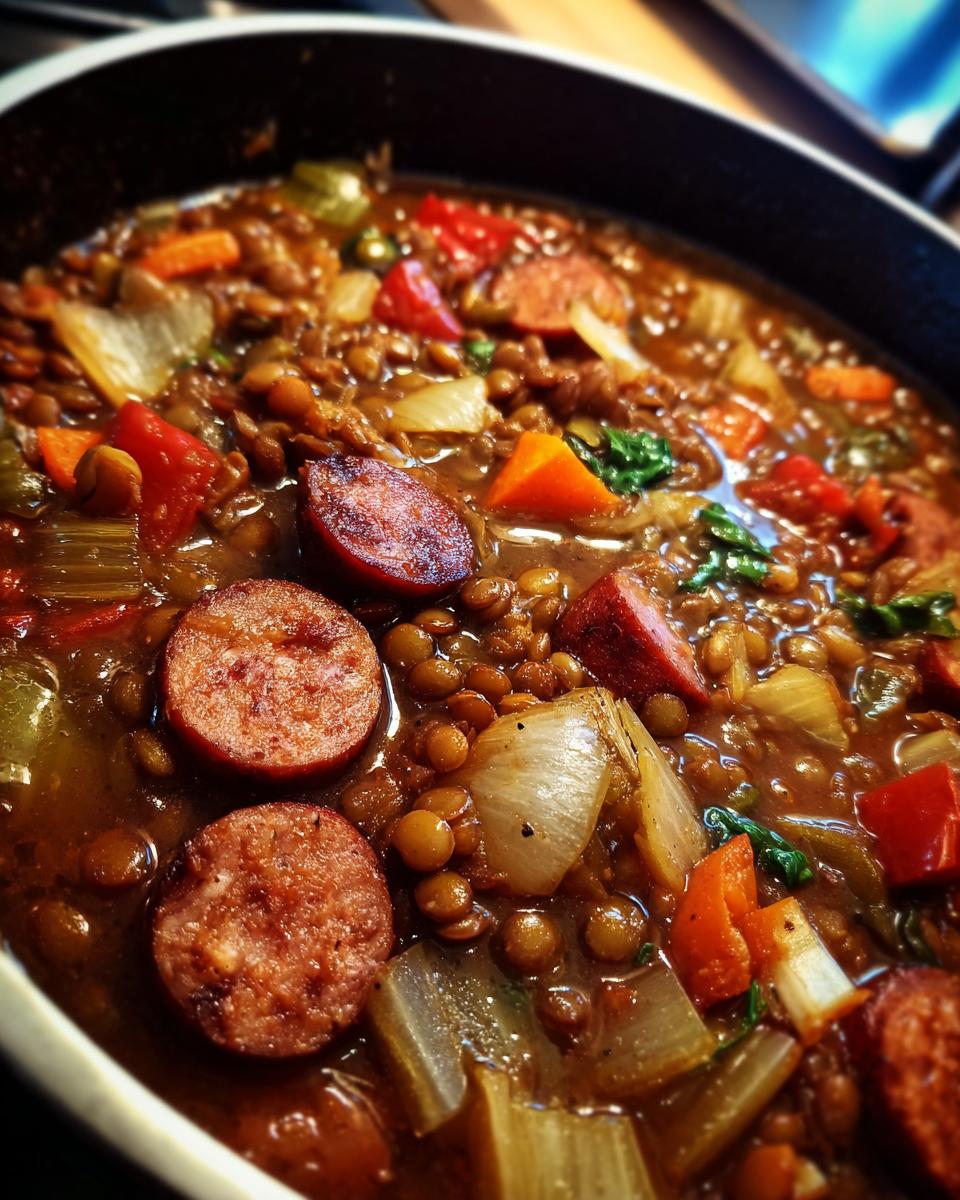 Nahaufnahme eines dampfenden Eintopfs mit Linsen, herzhaften Würstchenscheiben und Gemüse.