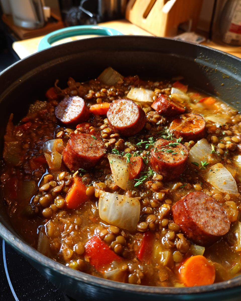 Nahaufnahme eines dampfenden Eintopfs mit Linsen, deftigen Würstchenscheiben, Karotten und Zwiebeln.