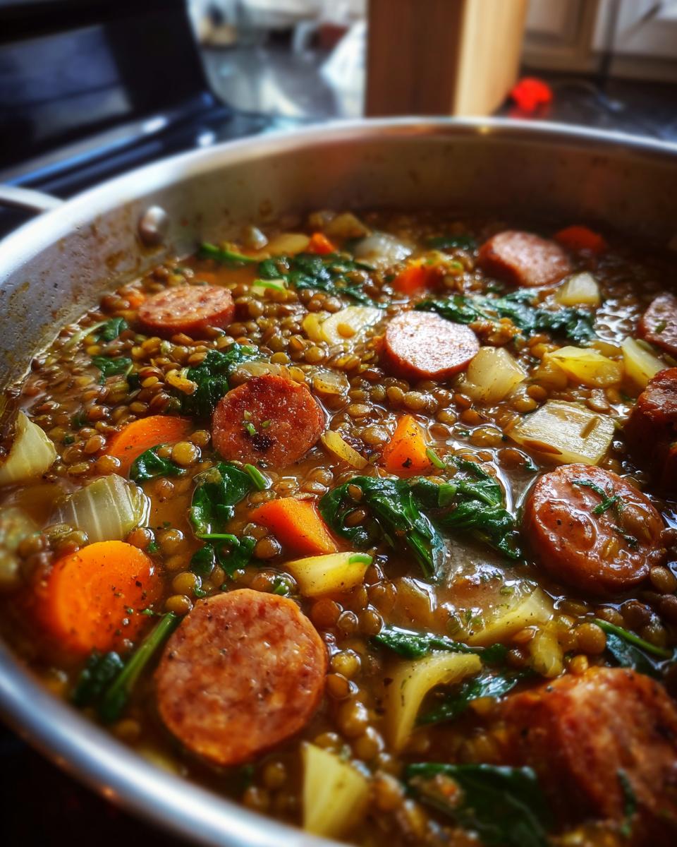 Nahaufnahme eines dampfenden Eintopfs mit Linsen, Würstchenscheiben, Karotten und Spinat.