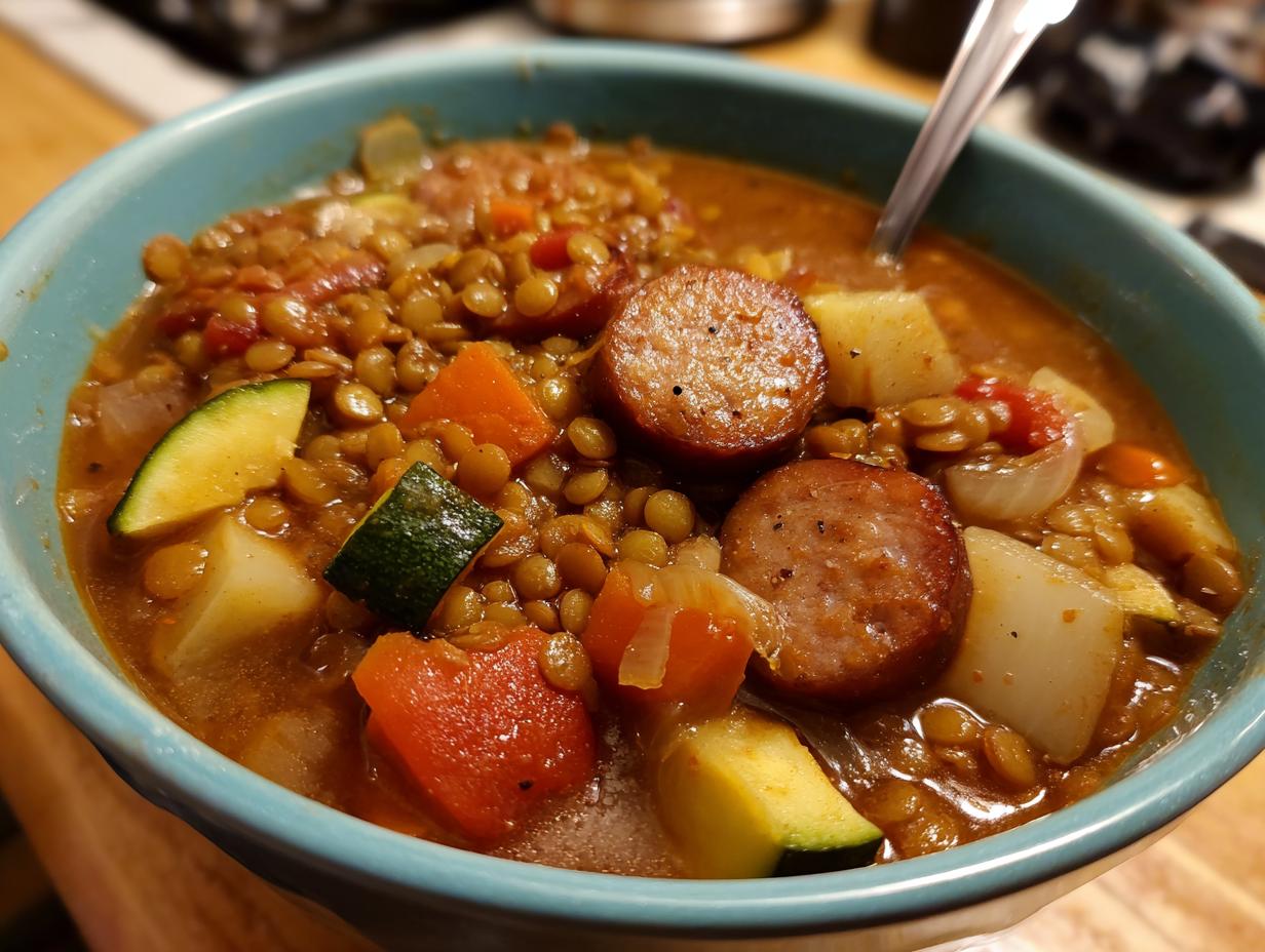 Nahaufnahme einer Schüssel mit herzhaftem Eintopf mit Linsen und Würstchen, Kartoffeln, Karotten und Zucchini.