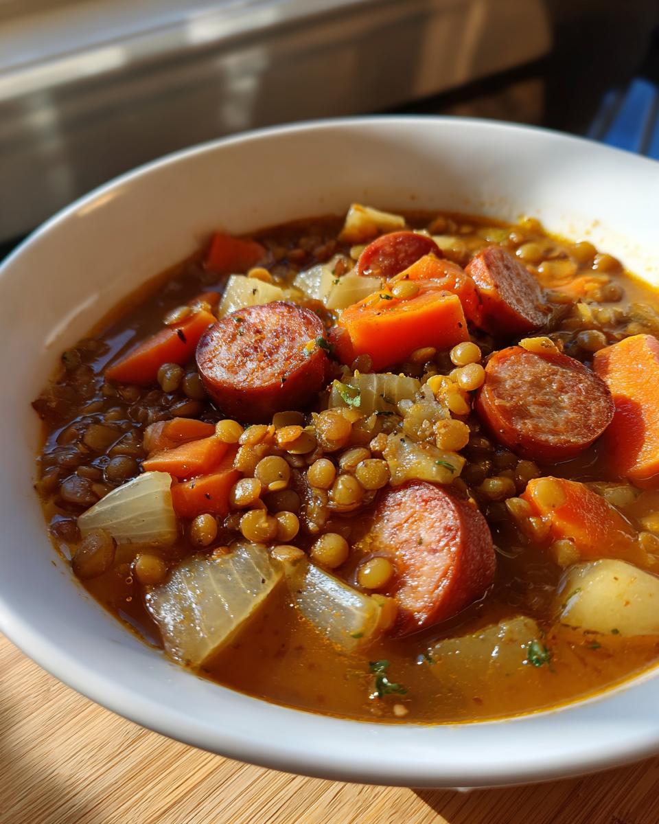 Eine Schüssel mit deftigem Eintopf mit Linsen und Würstchen, Karotten und Kartoffeln, garniert mit Petersilie.