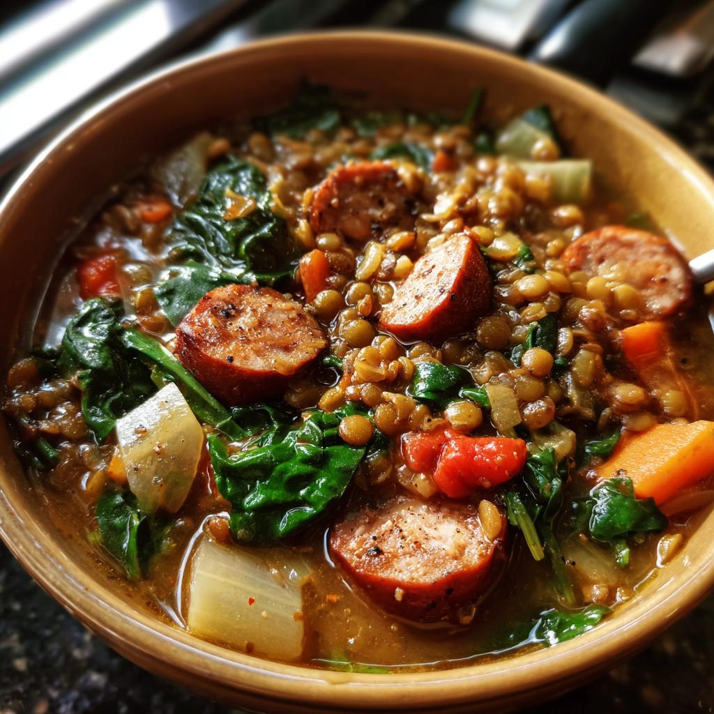 Nahaufnahme einer Schüssel mit Linseneintopf, darin Linsen, geschnittene Würstchen, Spinat und Karotten.