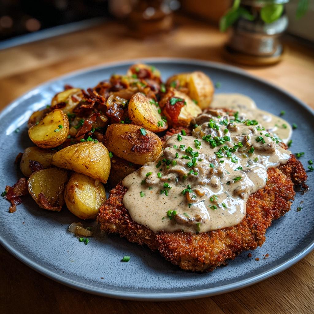 Elsässer Schnitzel mit Zwiebel-Speck-Sahnesauce und knusprigen Bratkartoffeln auf einem Teller.