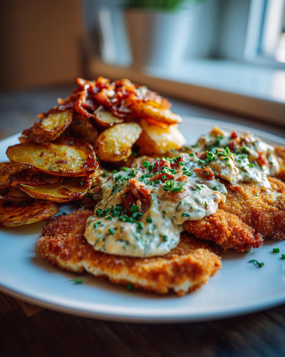Elsässer Schnitzel mit knusprigen Bratkartoffeln und cremiger Zwiebel-Speck-Sahnesauce, garniert mit Schnittlauch.