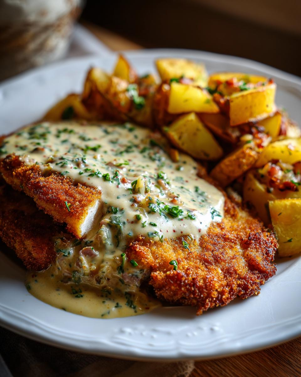 Ein Teller mit Elsässer Schnitzel, übergossen mit cremiger Zwiebel-Speck-Sahnesauce und dazu knusprige Bratkartoffeln.