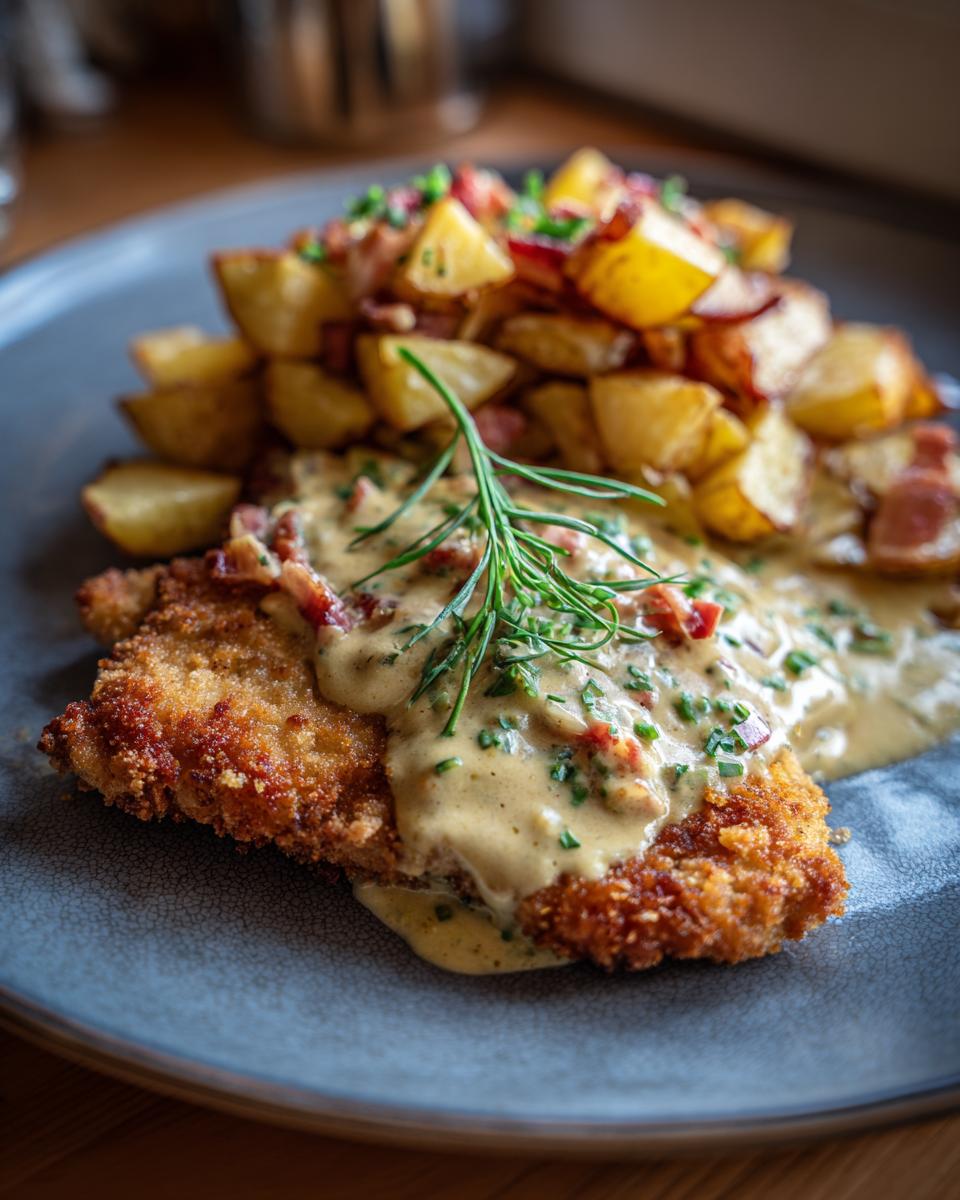 Ein knuspriges Elsässer Schnitzel mit Zwiebel-Speck-Sahnesauce und goldbraunen Bratkartoffeln, garniert mit Rosmarin.