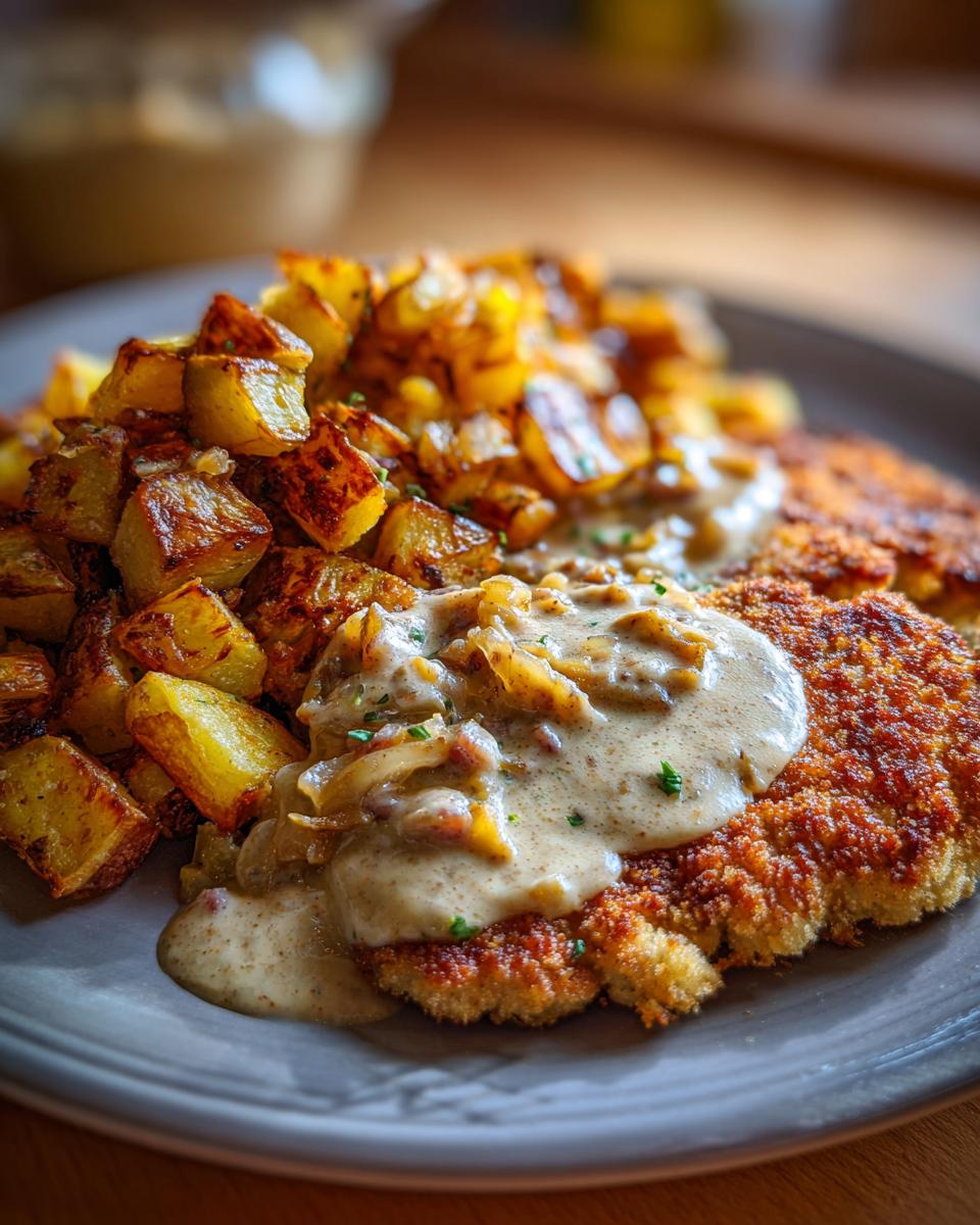 Ein Teller mit Elsässer Schnitzel, bedeckt mit cremiger Zwiebel-Speck-Sahnesauce und dazu knusprige Bratkartoffeln.