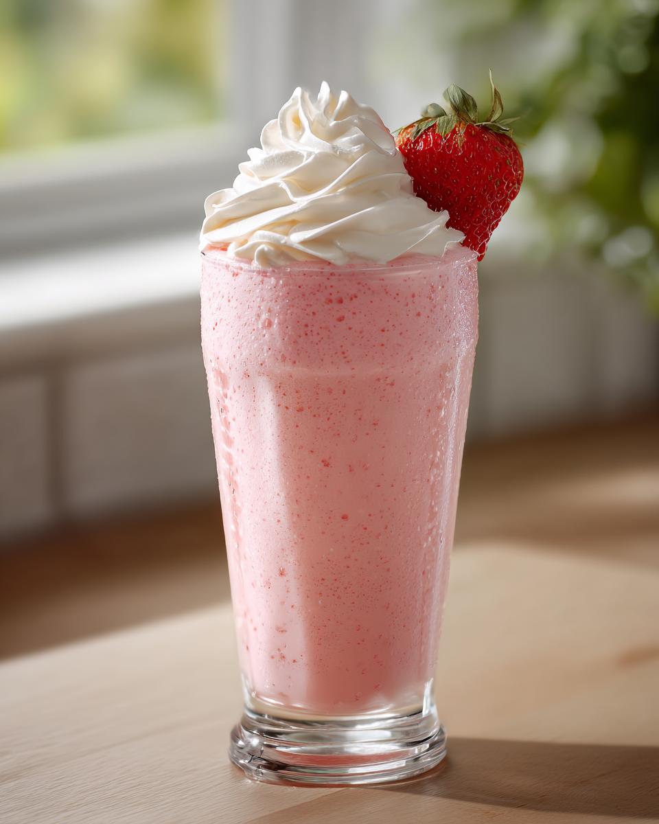 Ein erfrischender Erdbeer-Milchshake mit Vanilleeis, gekrönt mit einer luftigen Sahnehaube und frischer Erdbeere.