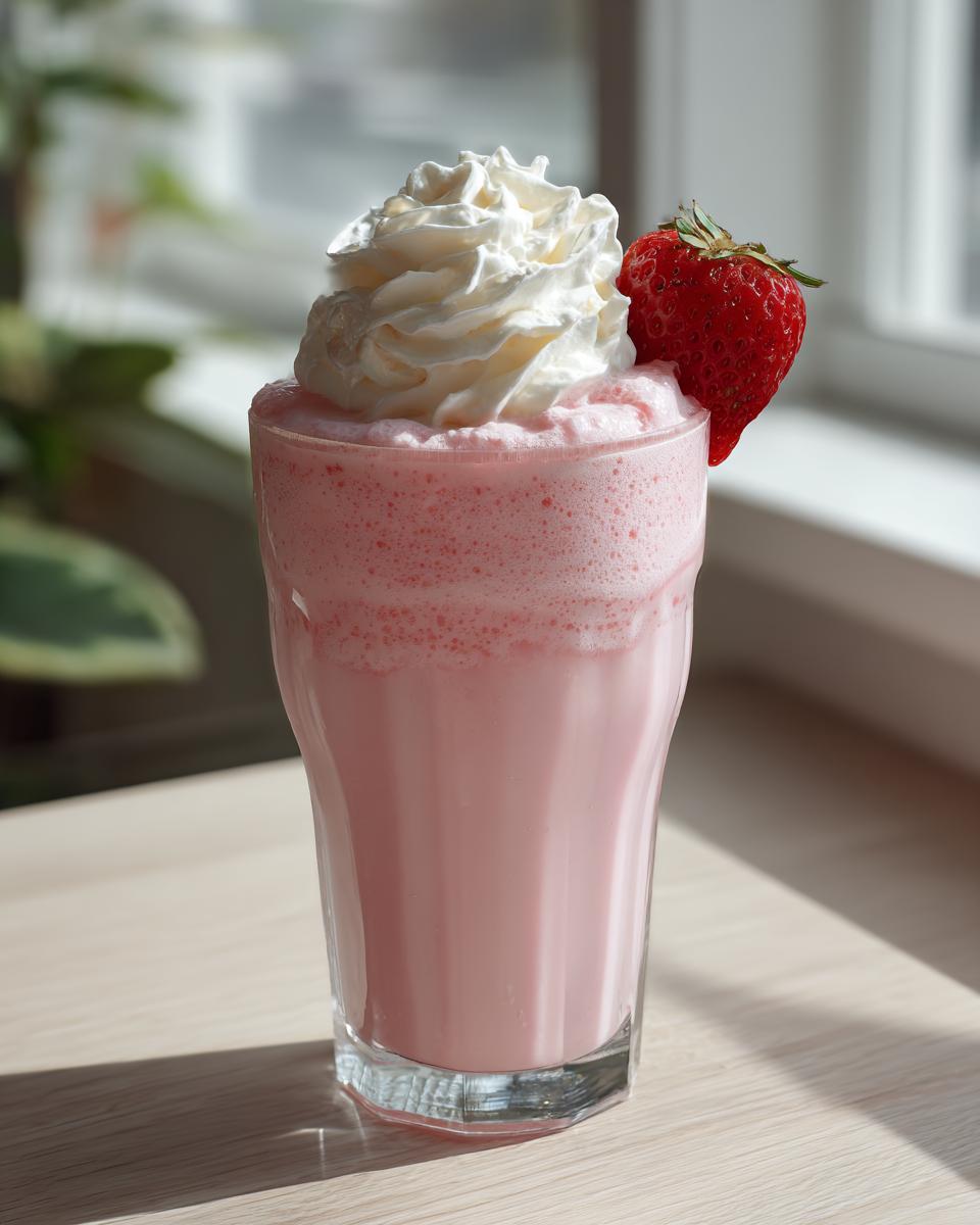 Ein erfrischender Erdbeer-Milchshake mit Vanilleeis und einer Sahnehaube, garniert mit einer frischen Erdbeere.