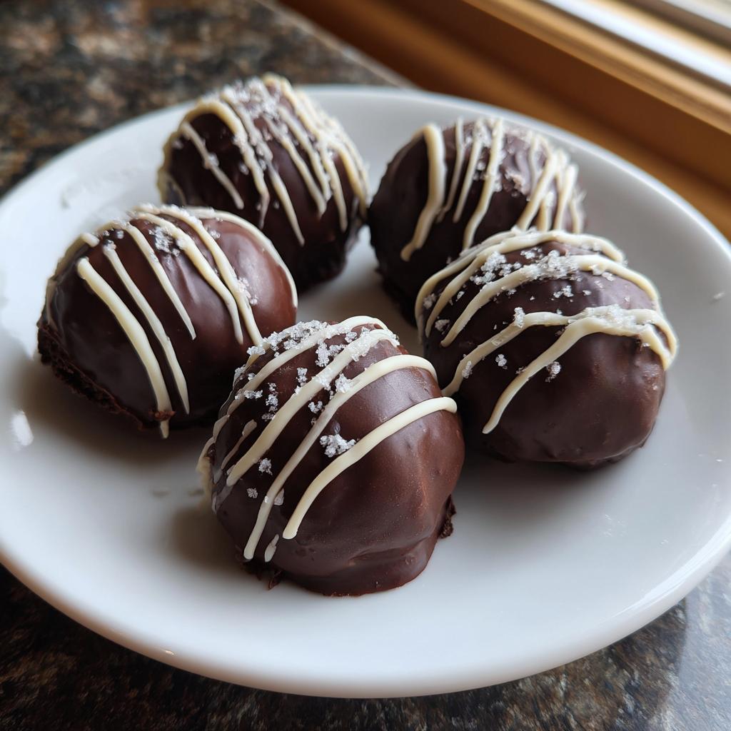 Fünf dunkle Oreo-Trüffel-Bällchen auf einem weißen Teller, verziert mit weißen Schokostreifen und Streuseln.