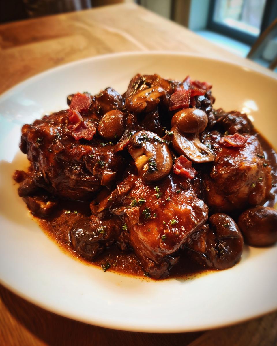 Nahaufnahme von saftigem Coq au Vin in dunkler Rotweinsauce, garniert mit Champignons und Speckwürfeln.