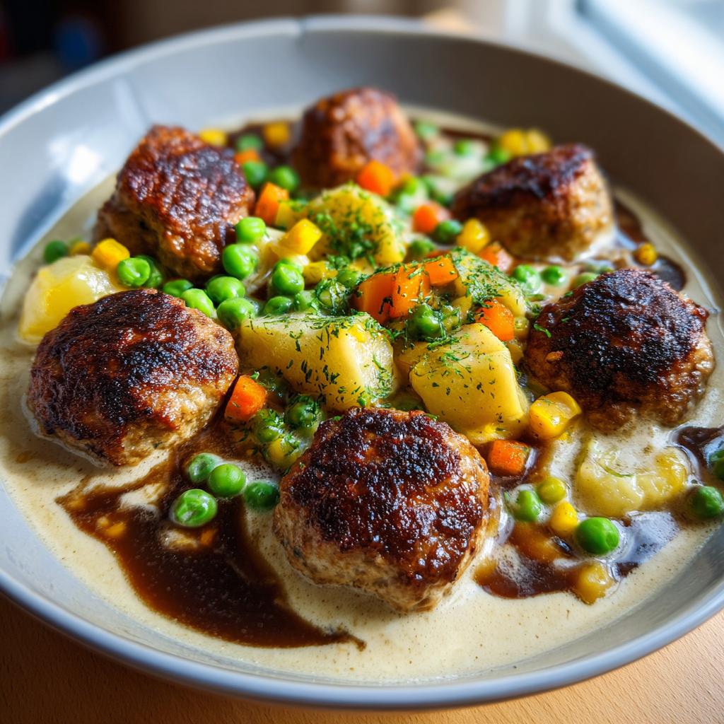 Herzhafte Frikadellen mit cremigem Rahmgemüse und Bratensauce, garniert mit frischen Kräutern.