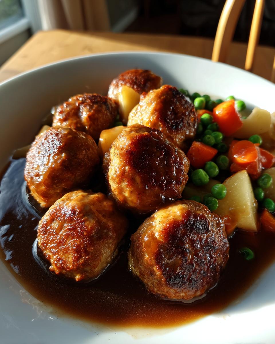 Saftige Frikadellen mit Rahmgemüse und Bratensauce, ein Klassiker der Hausmannskost.