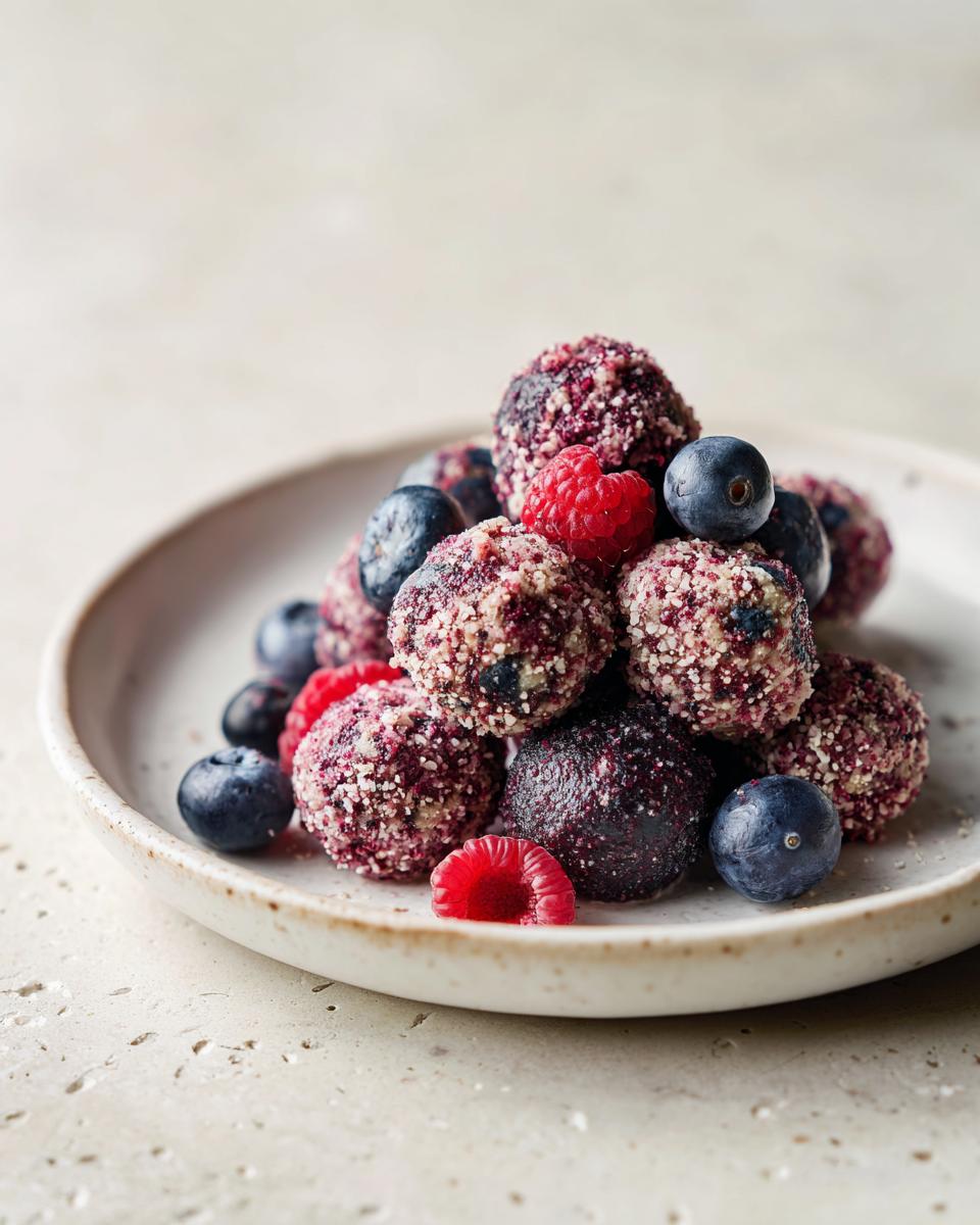 Ein Haufen Frozen Yogurt Bites mit Beeren, bestreut mit Kokosraspeln, dekoriert mit frischen Himbeeren und Blaubeeren.