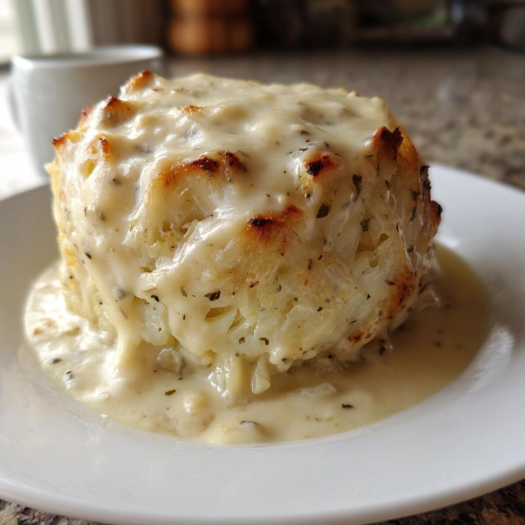Nahaufnahme von einem einzelnen, perfekt geformten Gefüllte Kohlrabi in Sahnesoße auf einem weißen Teller.