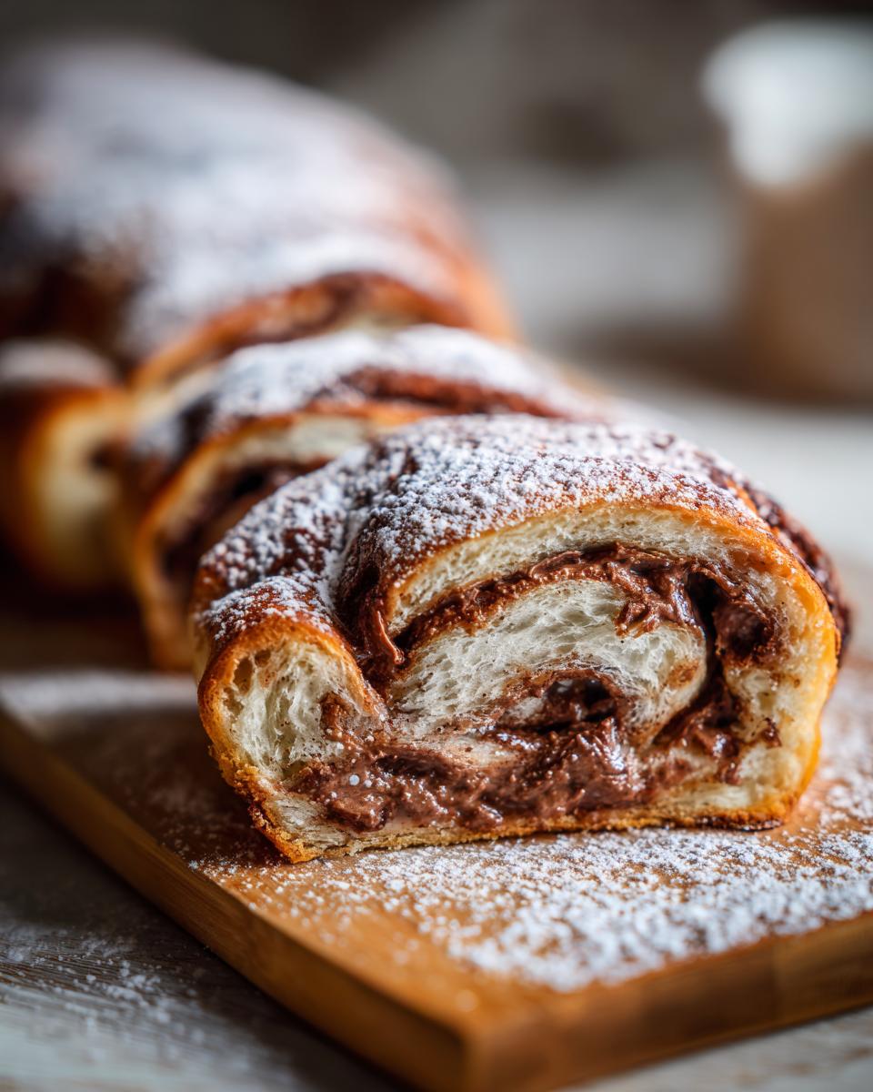 Nahaufnahme von angeschnittenen Gefüllten Nutella-Schnecken mit reichlich Schokoladenfüllung und Puderzucker.