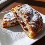 Zwei Hälften von Gefüllte Nutella-Schnecken mit Puderzucker auf einem weißen Teller, innen mit Schokocreme gefüllt.