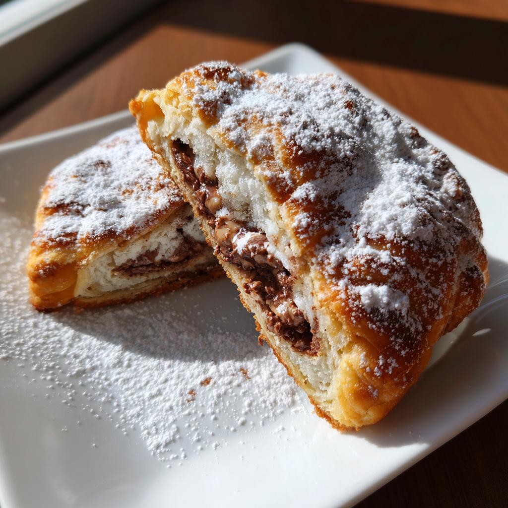 Zwei Hälften von Gefüllte Nutella-Schnecken mit Puderzucker auf einem weißen Teller, innen mit Schokocreme gefüllt.