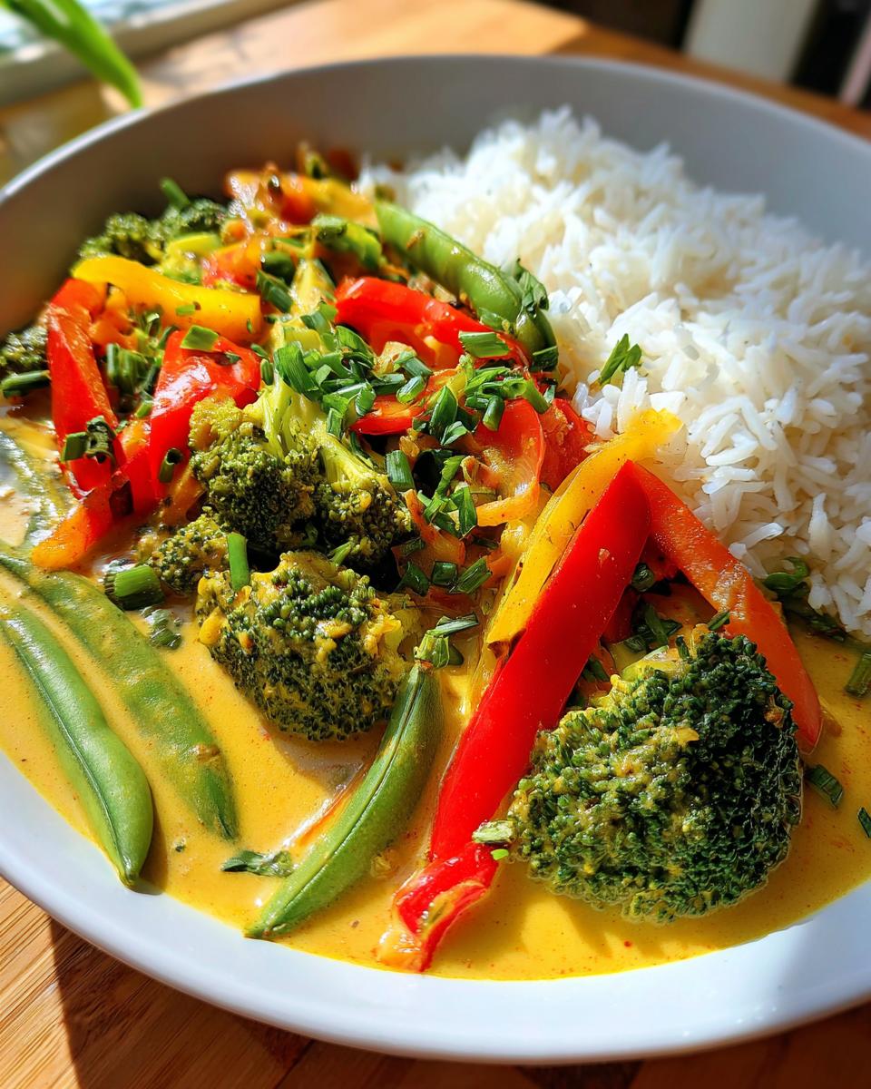 Nahaufnahme eines köstlichen Gemüse-Currys mit Kokosmilch und Basmatireis, garniert mit frischen Kräutern.