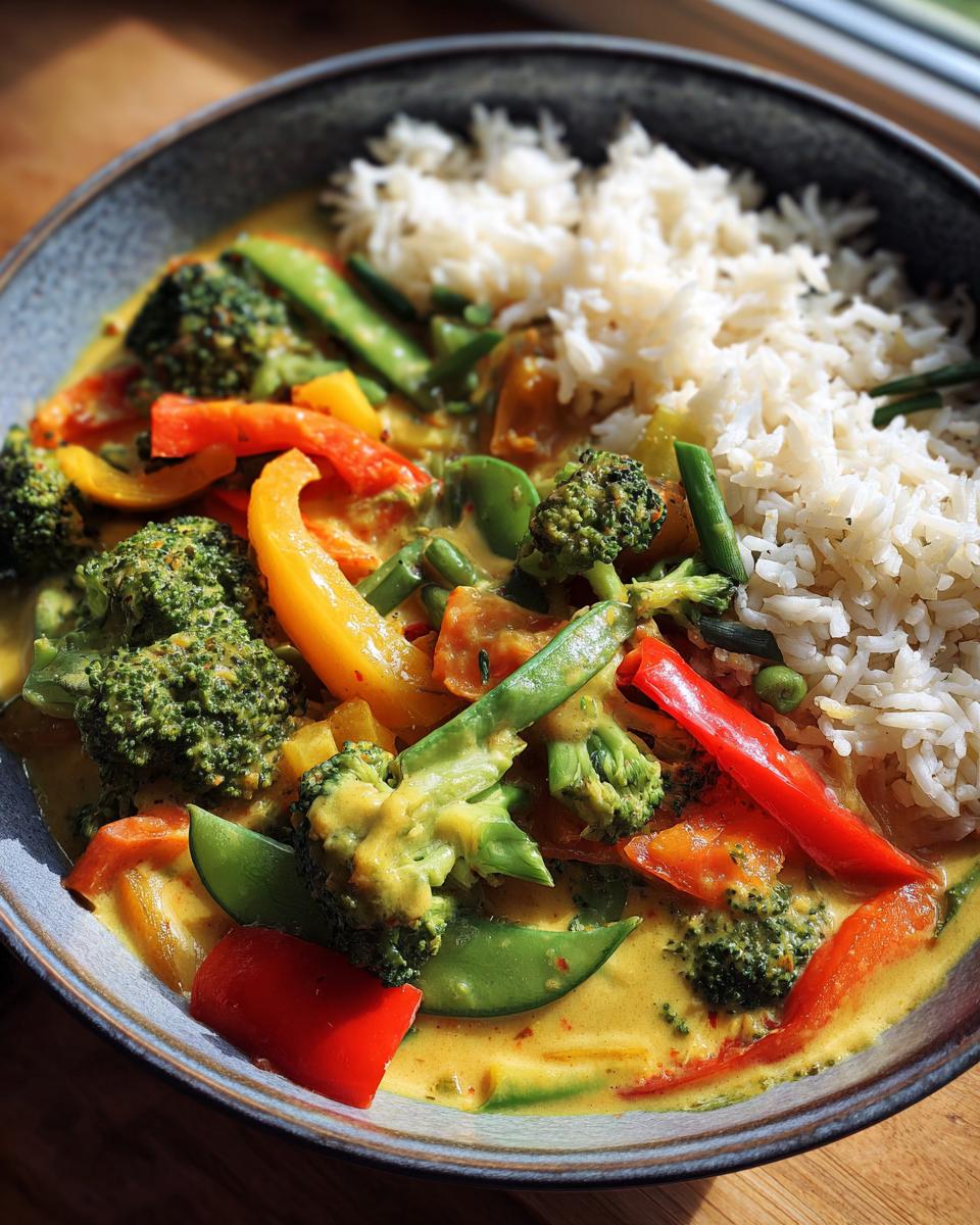 Nahaufnahme eines Schüssel mit schnellem Gemüse-Curry, Kokosmilch und Basmatireis, garniert mit knackigem Gemüse.