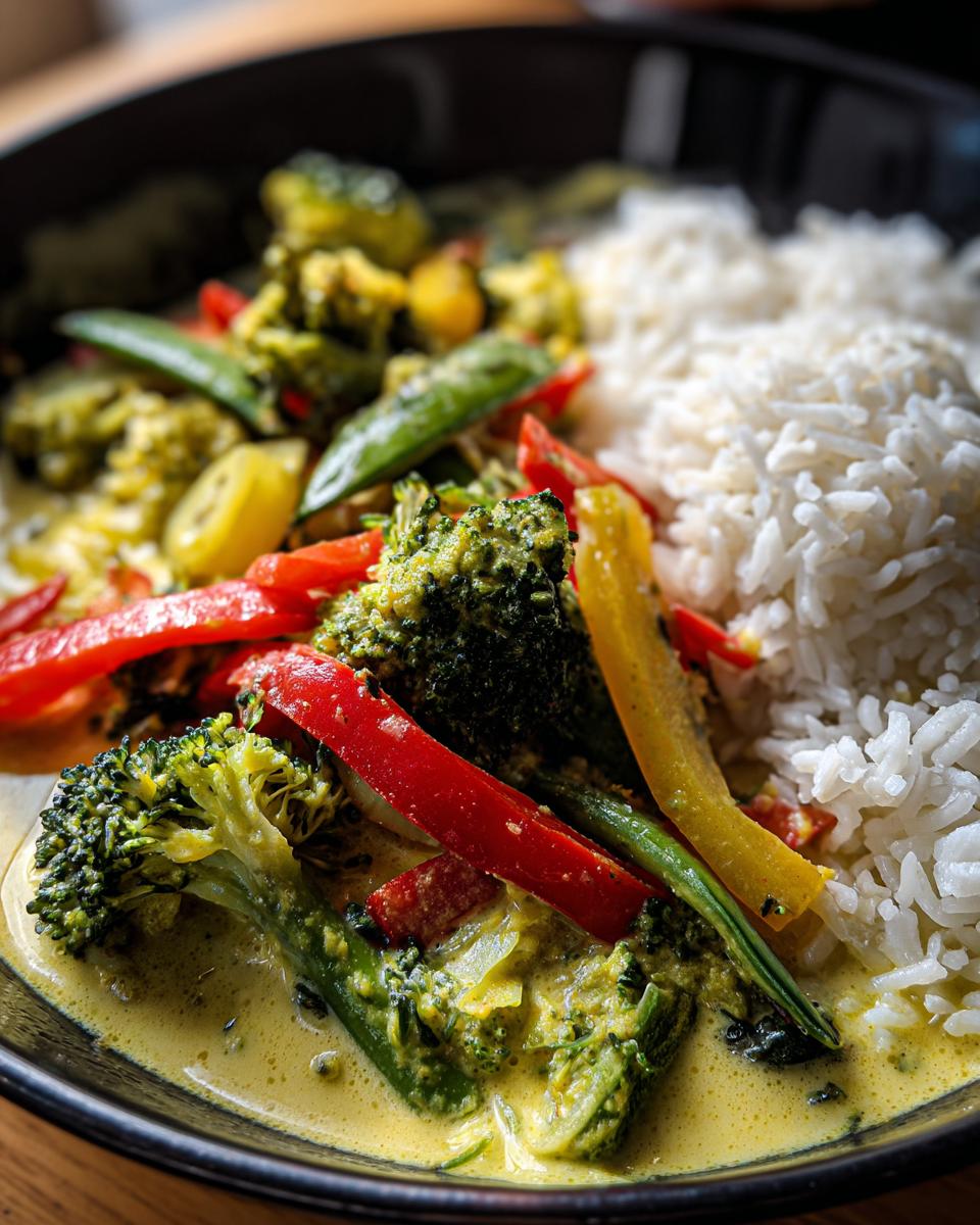 Nahaufnahme eines köstlichen Gemüse-Currys mit Kokosmilch und Basmatireis, garniert mit frischem Brokkoli, Paprika und Zuckerschoten.