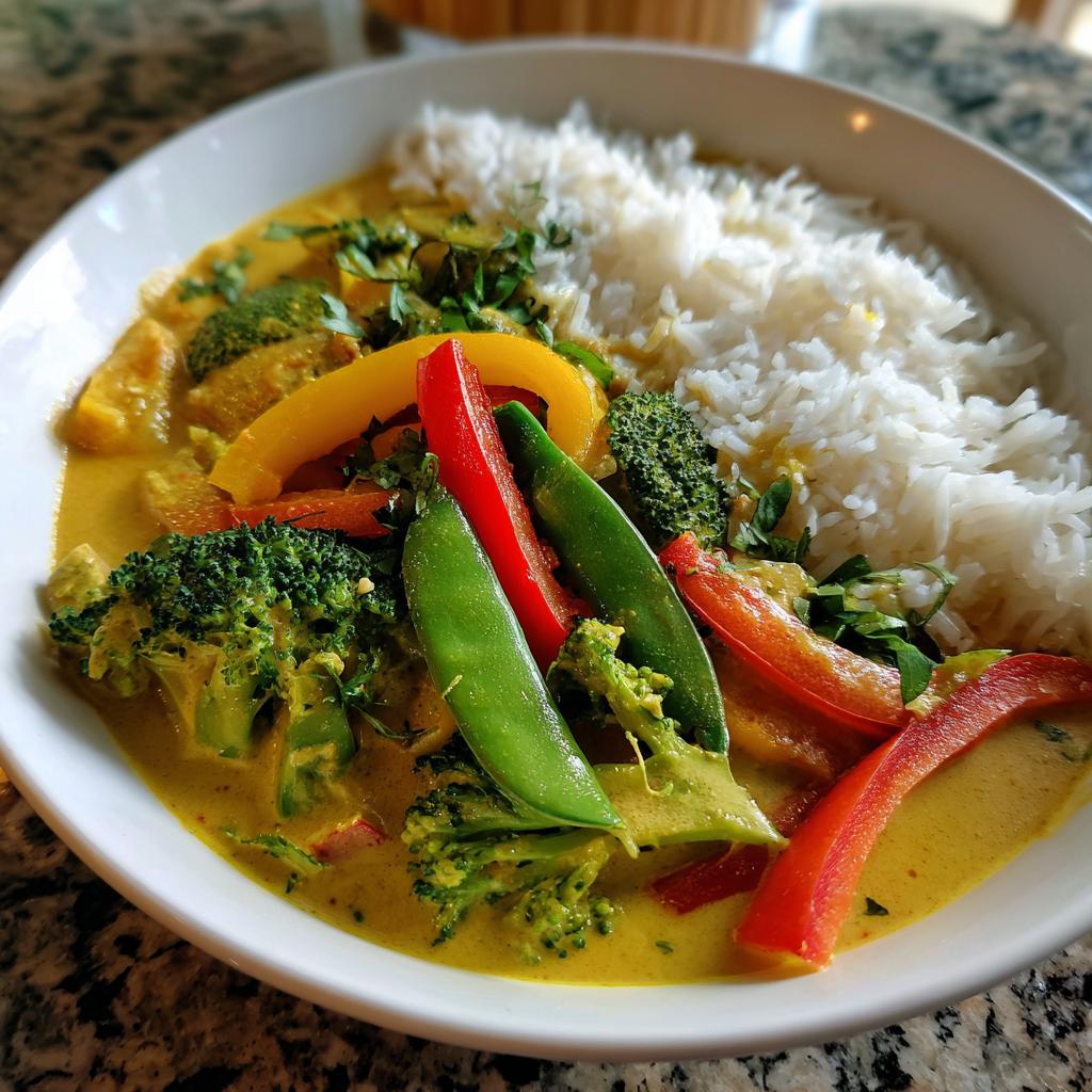 Nahaufnahme eines Schüssel mit schnellem Gemüse-Curry, Kokosmilch und Basmatireis, garniert mit frischer Petersilie.