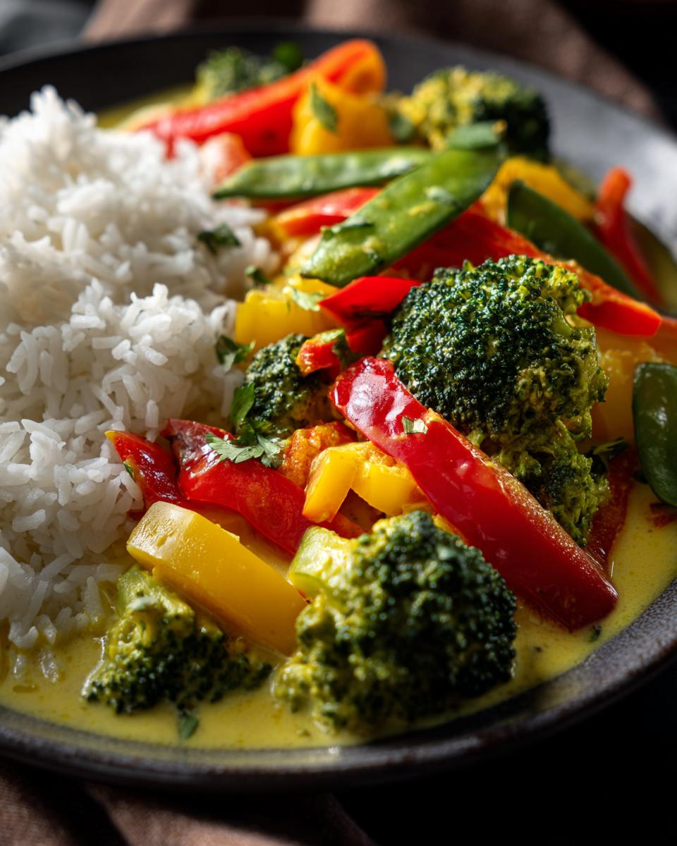 Nahaufnahme eines köstlichen Gemüse-Currys mit Kokosmilch und Basmatireis, voller bunter Paprika und Brokkoli.