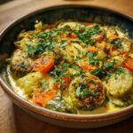 Nahaufnahme einer dampfenden Gemüsepfanne mit Rahmsauce und frischen Kräutern, voller bunter Karotten und Zucchini.