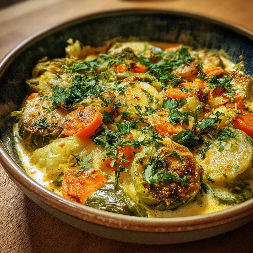 Nahaufnahme einer dampfenden Gemüsepfanne mit Rahmsauce und frischen Kräutern, voller bunter Karotten und Zucchini.