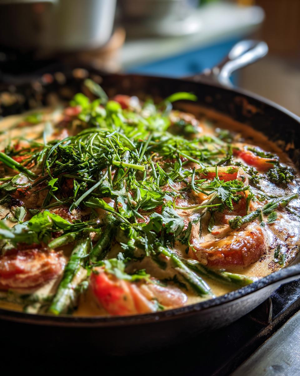 Eine dampfende Gemüsepfanne mit Rahmsauce, grünen Bohnen, Tomaten und frischen Kräutern, bereit zum Servieren.