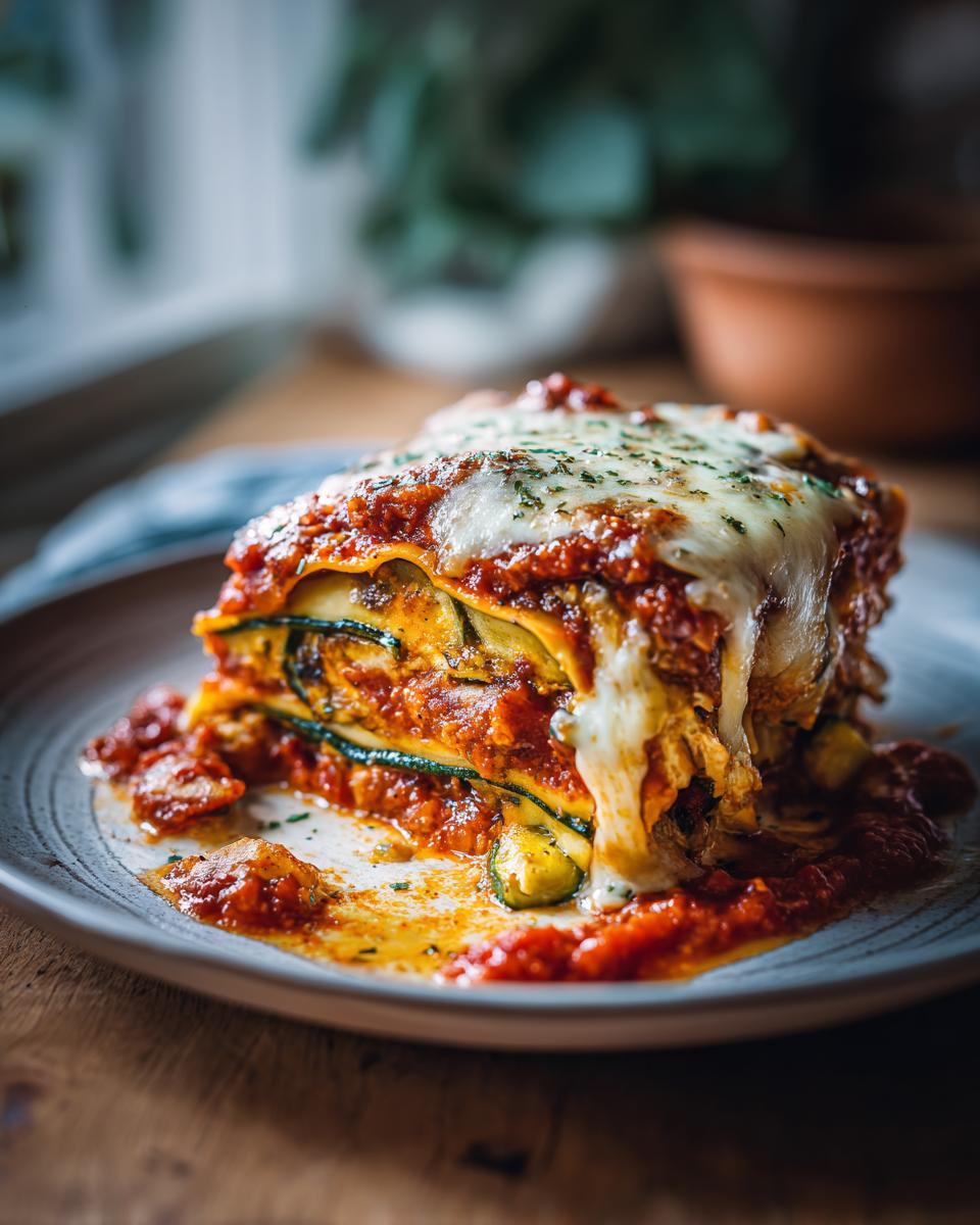 Ein Stück saftige Gemüselasagne mit Tomaten-Ricotta-Sauce, überbacken mit geschmolzenem Käse.