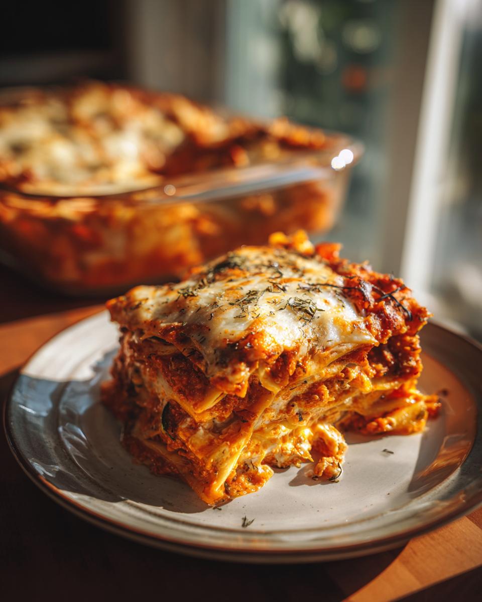 Ein saftiges Stück Gemüselasagne mit Tomaten-Ricotta-Sauce auf einem Teller, mit geschmolzenem Käse und Kräutern bestreut.