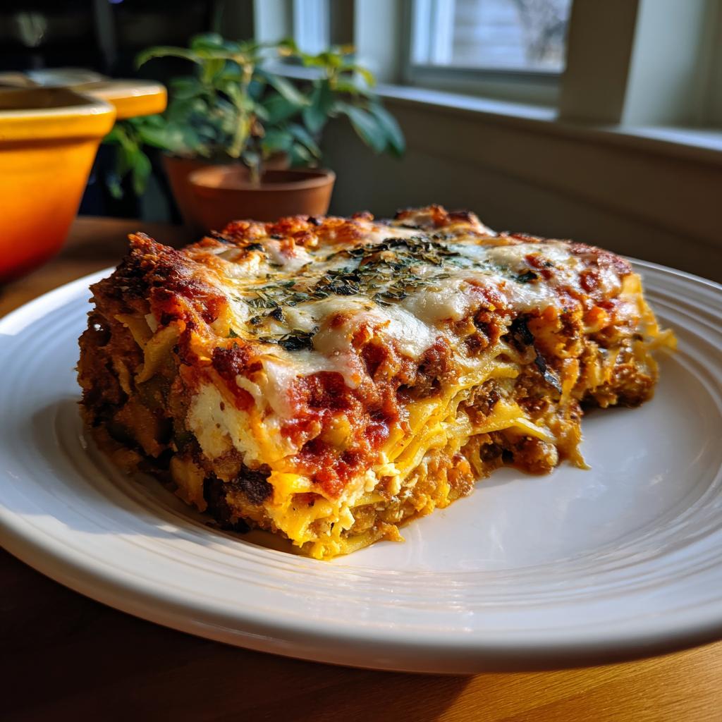 Ein Stück köstliche Gemüselasagne mit Tomaten-Ricotta-Sauce auf einem Teller, mit geschmolzenem Käse und Kräutern bestreut.