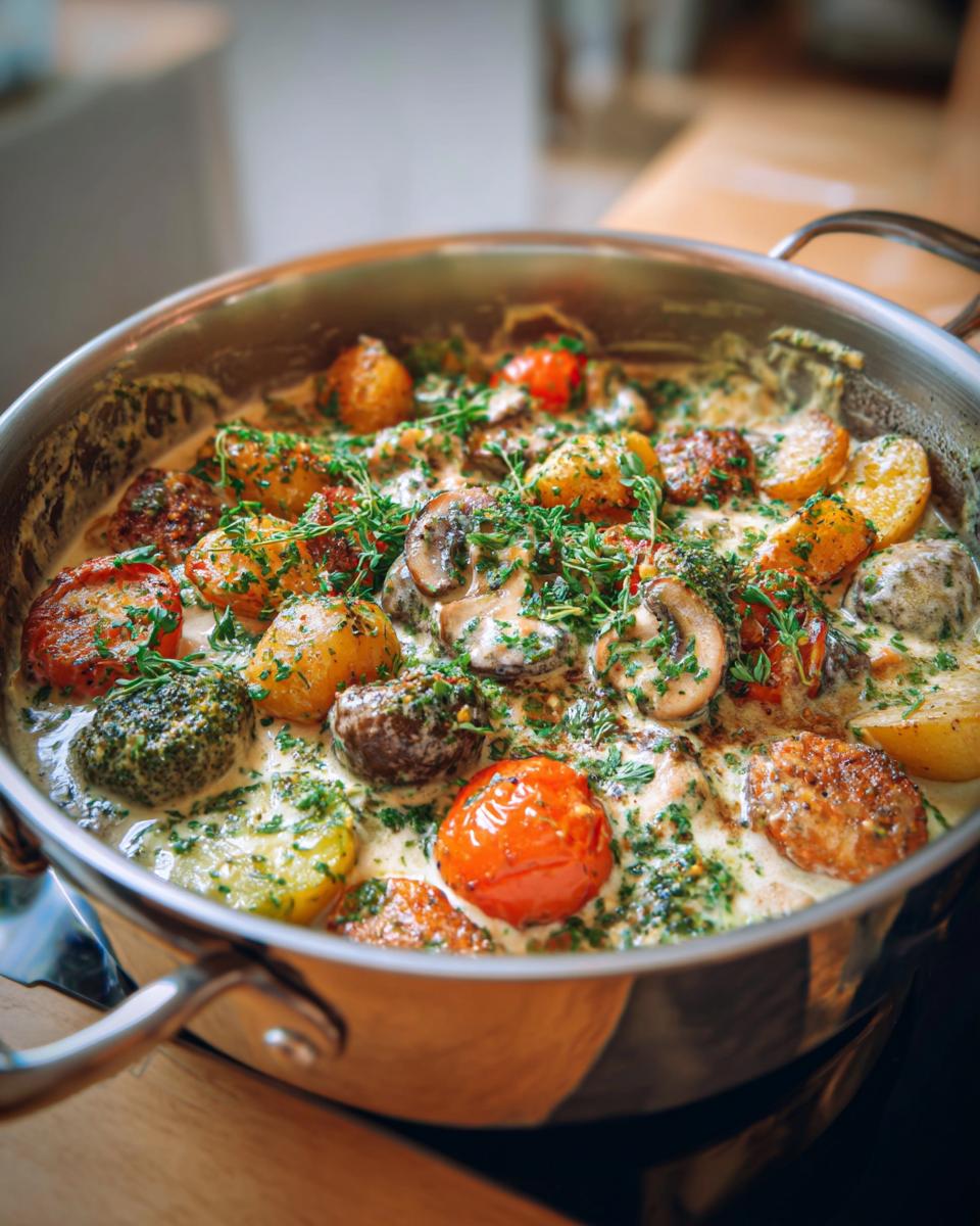 Nahaufnahme einer dampfenden Gemüsepfanne mit Rahmsauce und Kräutern, voller Kartoffeln, Pilzen und Tomaten.