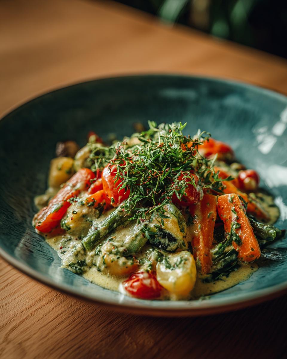 Nahaufnahme einer dampfenden Gemüsepfanne mit Rahmsauce und frischen Kräutern, garniert mit Thymian.