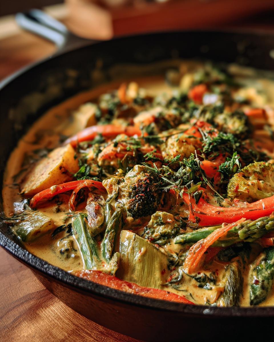 Eine dampfende Gemüsepfanne mit Rahmsauce und frischen Kräutern, voller bunter Gemüsesorten.