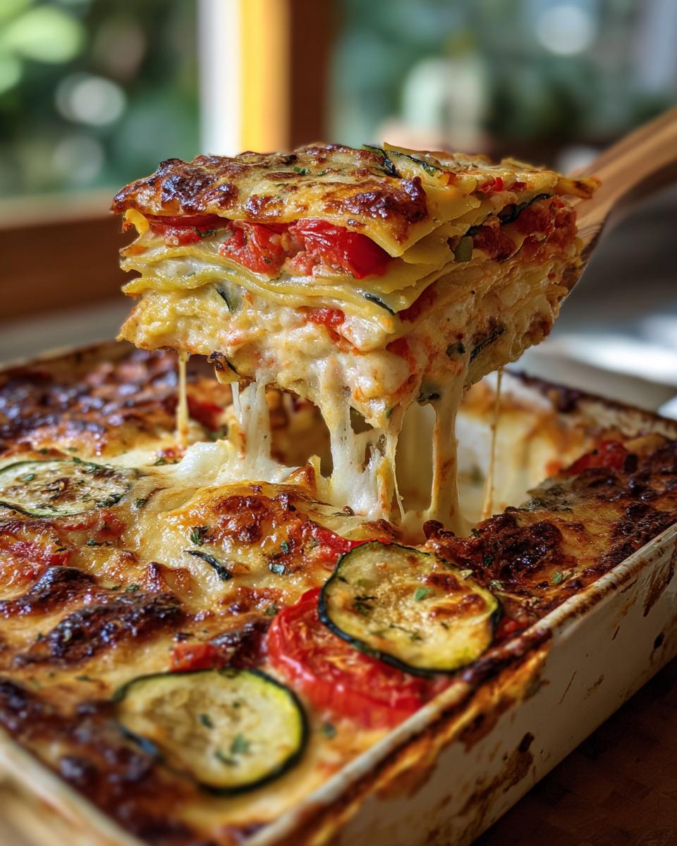 Eine Portion Gemüselasagne mit Tomaten-Ricotta-Sauce wird aus der Auflaufform gehoben, wobei der geschmolzene Käse Fäden zieht.
