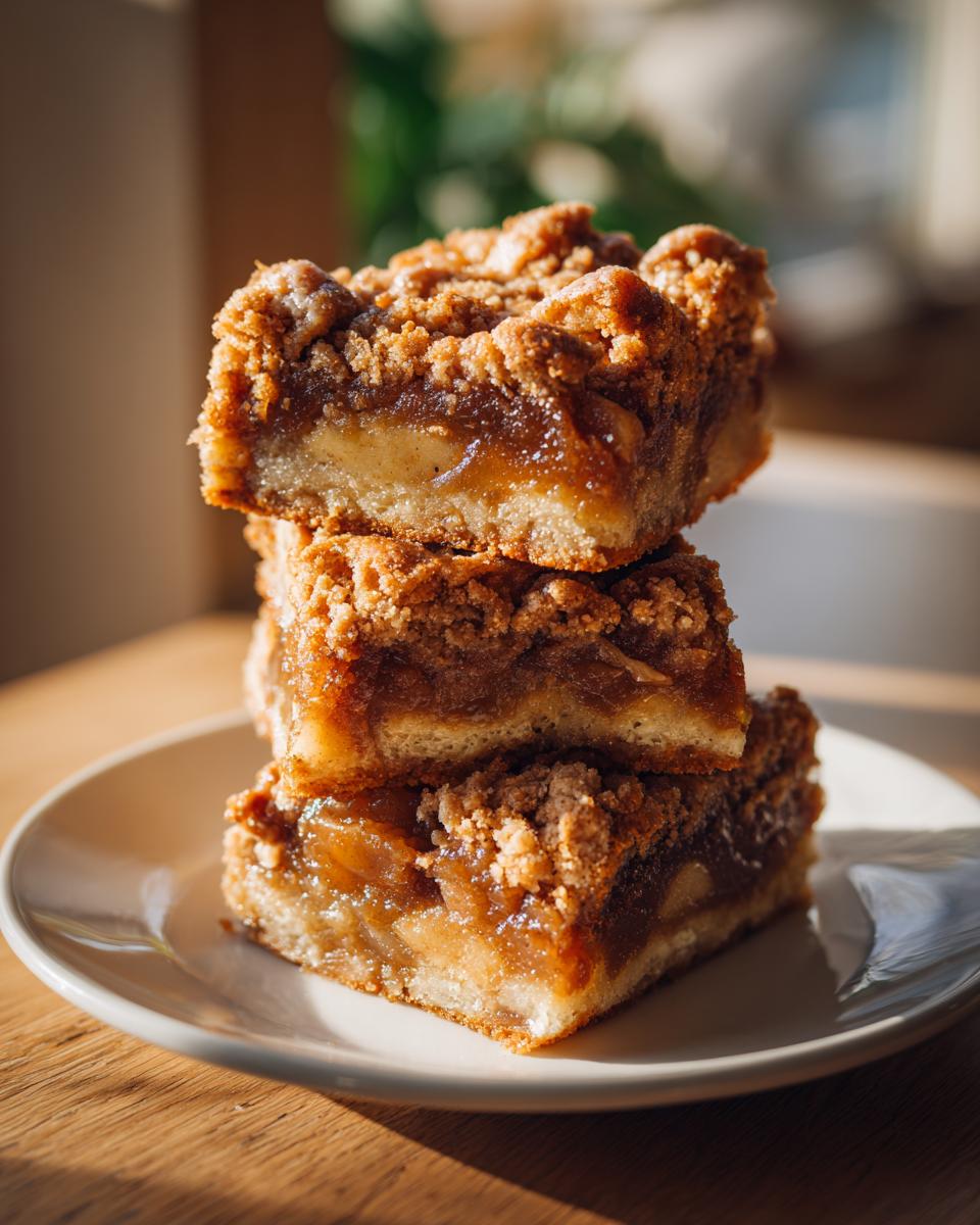 Drei gestapelte Apfel-Zimt-Crumble Bars mit saftiger Apfelfüllung und knusprigen Zimt-Streuseln auf einem Teller.