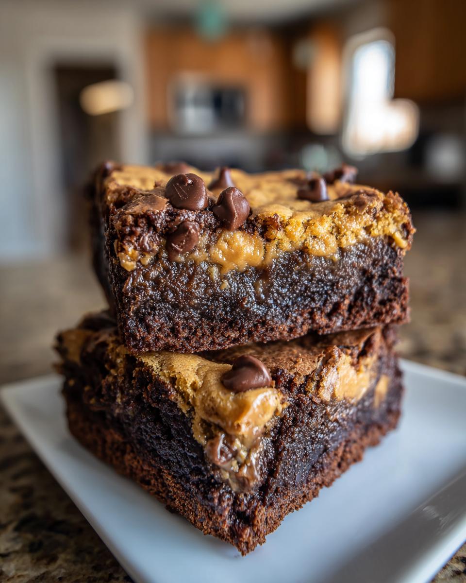 Zwei saftige Brookies, Brownie und Cookie in einem, übereinander gestapelt, mit Schokostückchen.