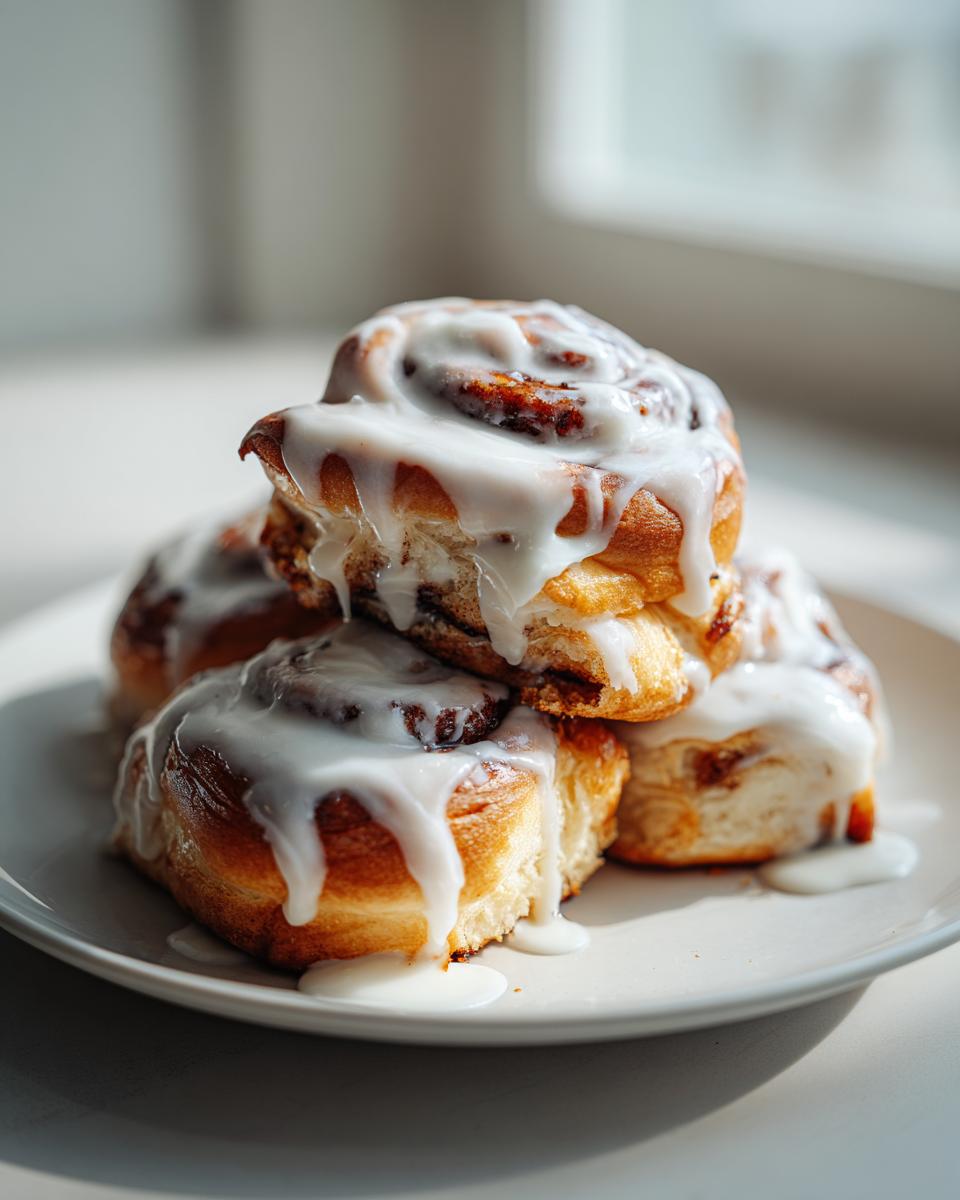 Ein Stapel fluffiger Cinnamon Rolls, großzügig bedeckt mit cremigem, weißem Zuckerguss.