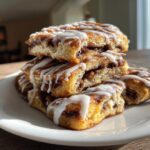 Ein Stapel saftiger Cinnamon Rolls, großzügig mit weißem Zuckerguss überzogen, auf einem weißen Teller.