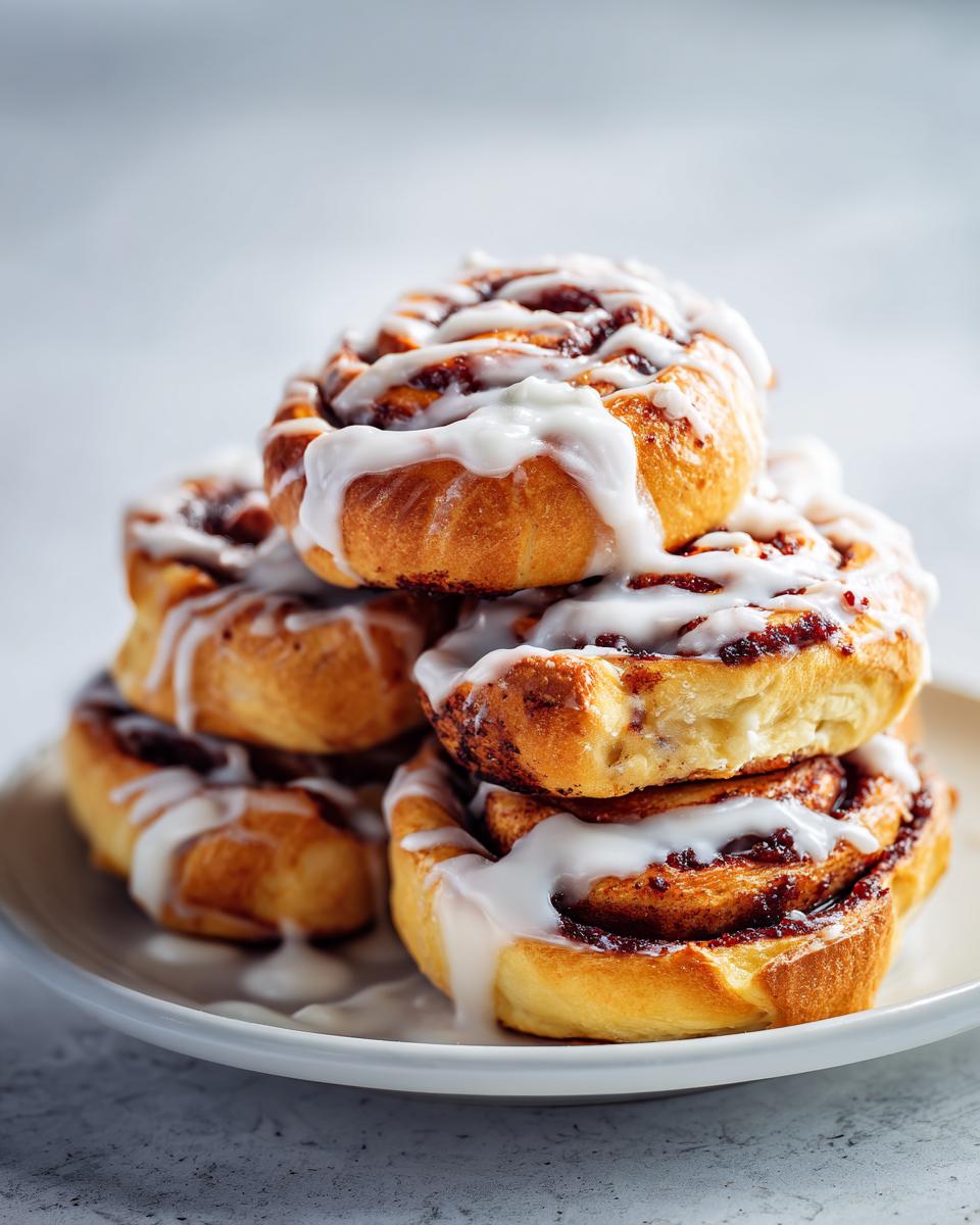 Ein Stapel fluffiger Cinnamon Rolls, großzügig mit weißem Zuckerguss überzogen, auf einem Teller.
